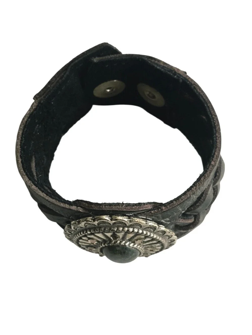 Leatherock USA Black Leather Concho Cuff Bracelet Stone Crystal Western 8.25
